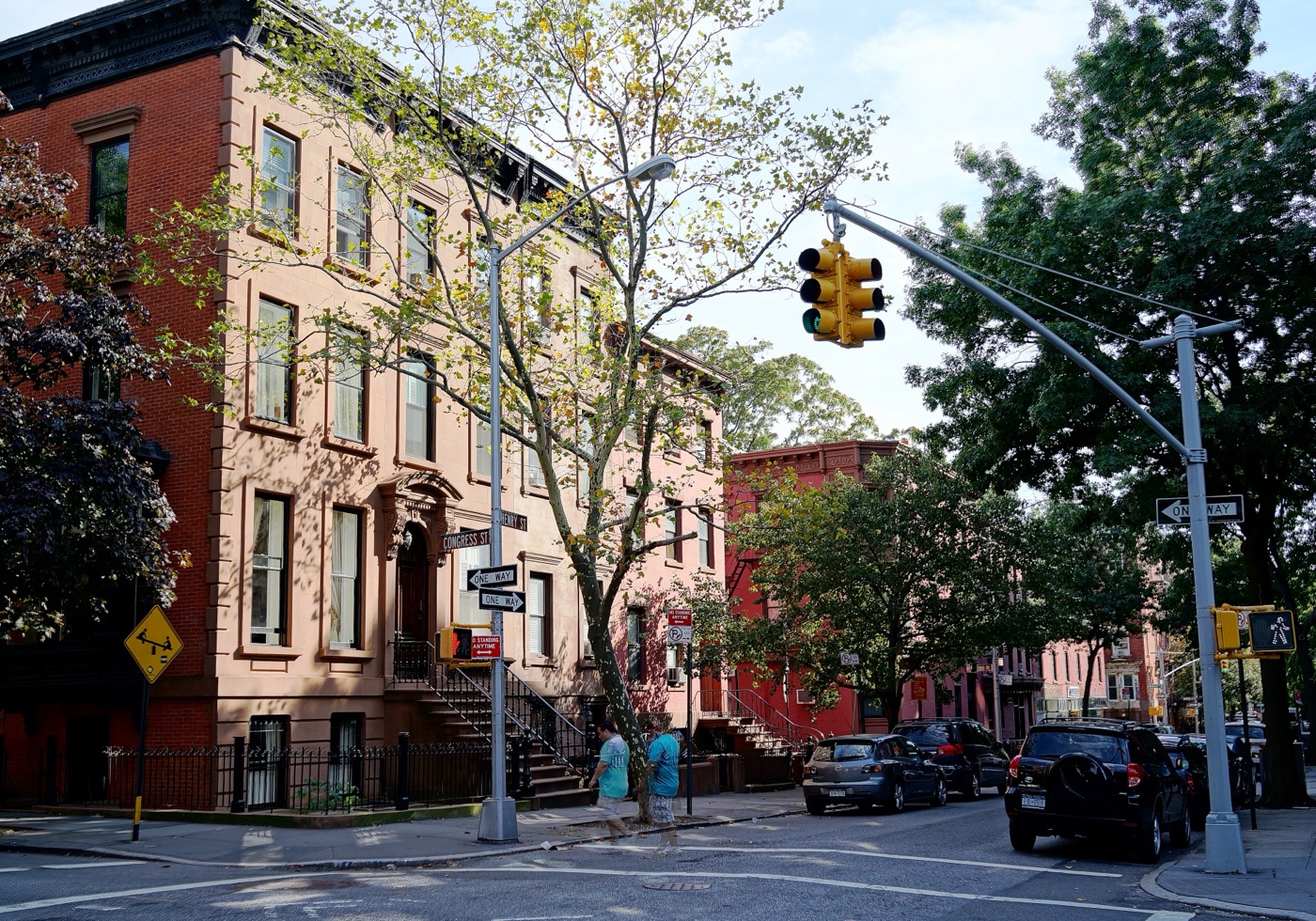 A tree-lined corner of brownstones in Cobble Hill